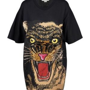 Gucci Black Feline Beaded Detail Graphic Crew-Neck T-Shirt